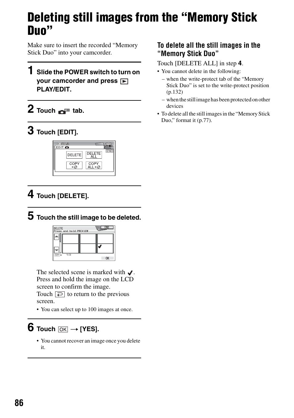Deleting still images from the “memory stick duo, Ages (p.86) in th | Sony DCR-DVD505 User Manual | Page 86 / 152