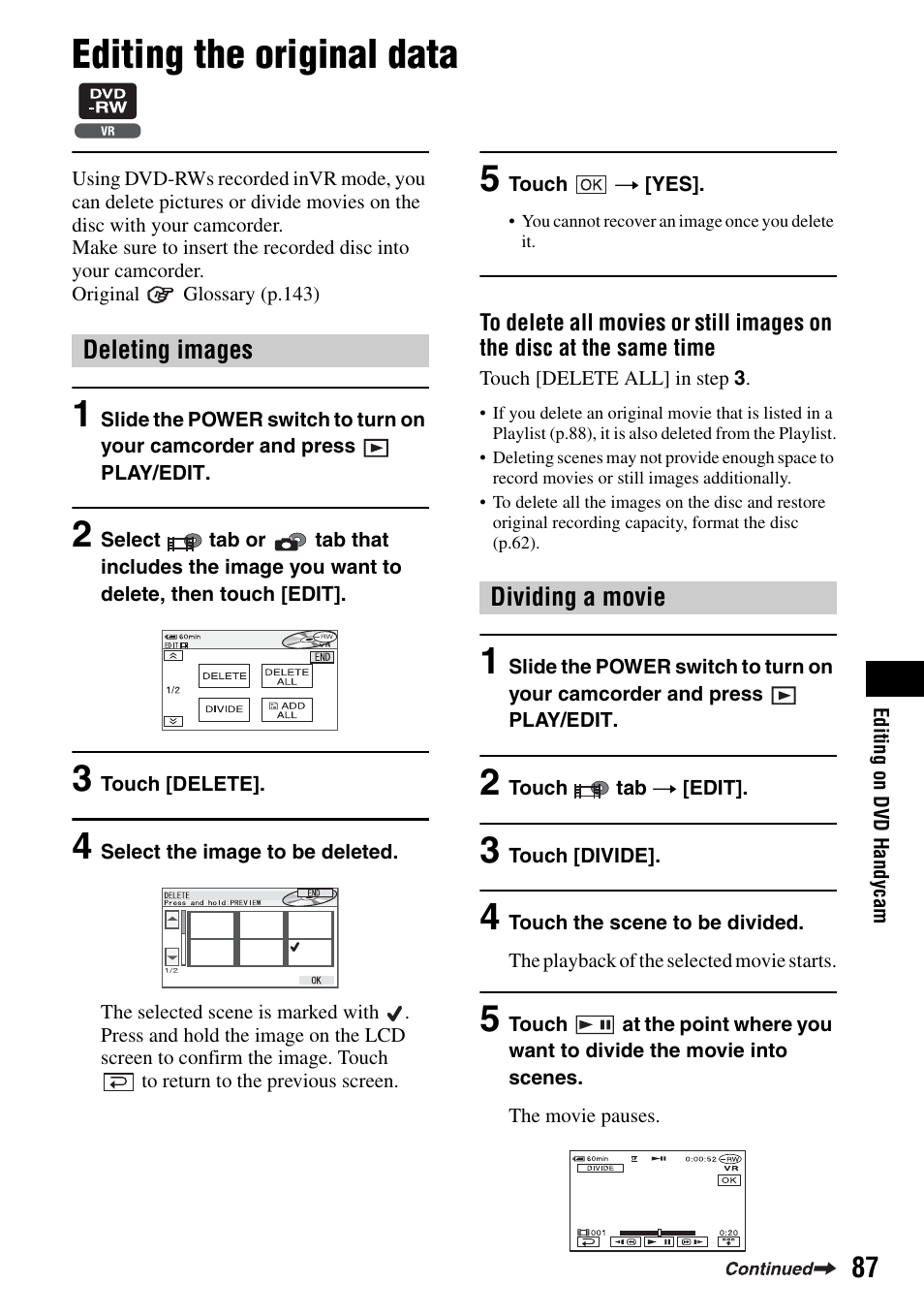 Editing the original data, D 87, P.87) | Sony DCR-DVD505 User Manual | Page 87 / 152