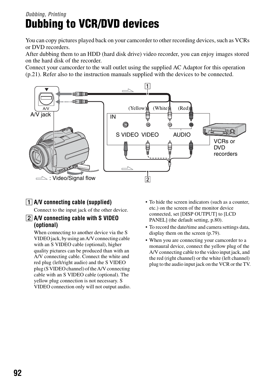Dubbing, printing, Dubbing to vcr/dvd devices | Sony DCR-DVD505 User Manual | Page 92 / 152