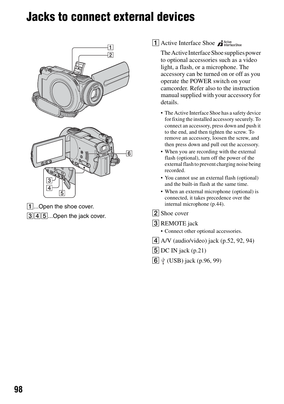 Jacks to connect external devices, P.98), Hone (p.98) | Sony DCR-DVD505 User Manual | Page 98 / 152