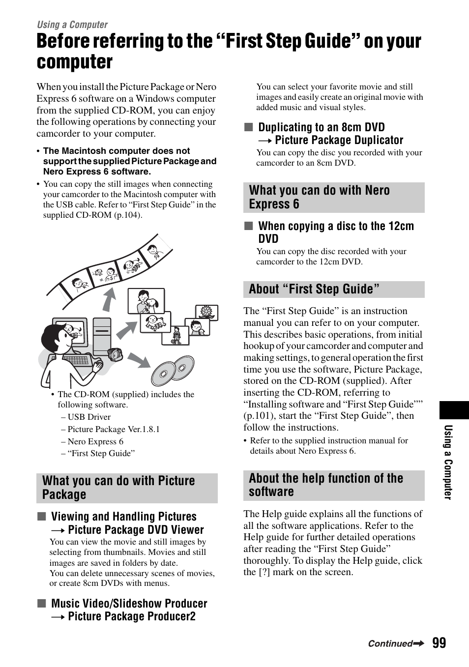 Using a computer, High-speed image transfer (p.99), Software to edit and copy (p.99) | P.99 | Sony DCR-DVD505 User Manual | Page 99 / 152