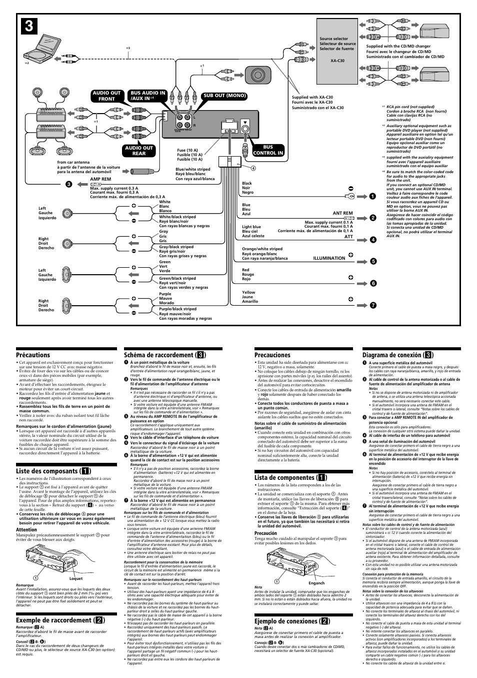 Précautions, Liste des composants ( 1 ), Exemple de raccordement ( 2 ) | Schéma de raccordement ( 3 ), Precauciones, Lista de componentes ( 1 ), Ejemplo de conexiones ( 2 ), Diagrama de conexión ( 3 ) | Sony CDX-M3DI User Manual | Page 2 / 4