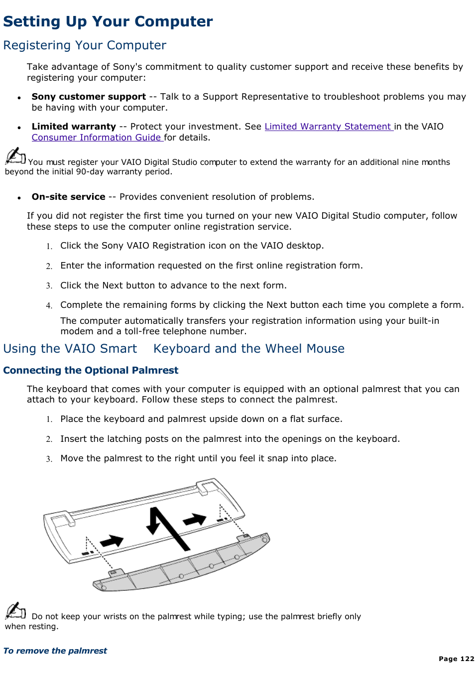 Vaio action setup (pcv-r547ds/pcv-r549ds only), Setting up your computer, Registering your computer | Using the vaio smart keyboard and the wheel mouse | Sony PCV-R545DS User Manual | Page 122 / 439