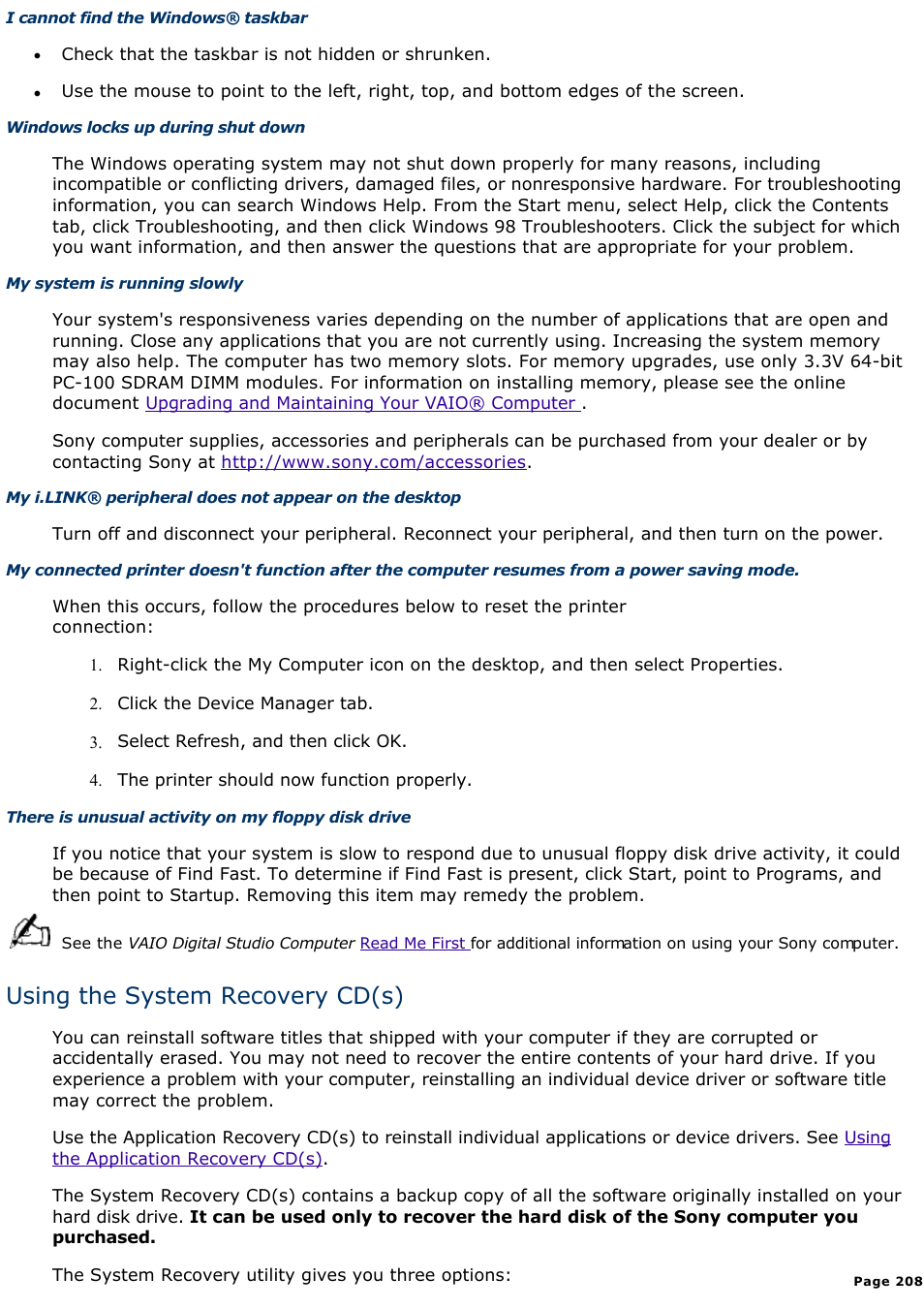 Using the system recovery cd(s) | Sony PCV-R545DS User Manual | Page 208 / 439