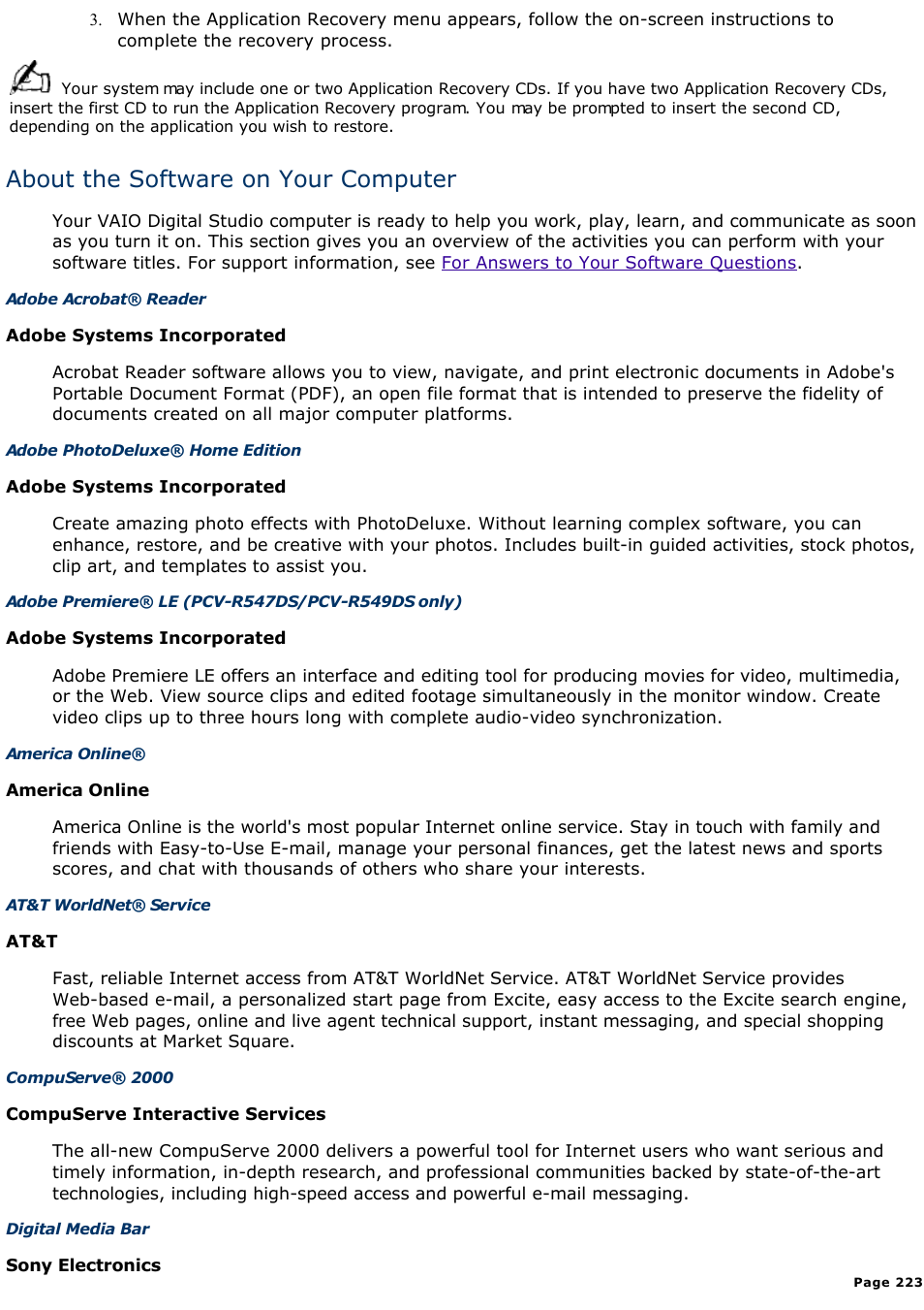 About the software on your computer | Sony PCV-R545DS User Manual | Page 223 / 439