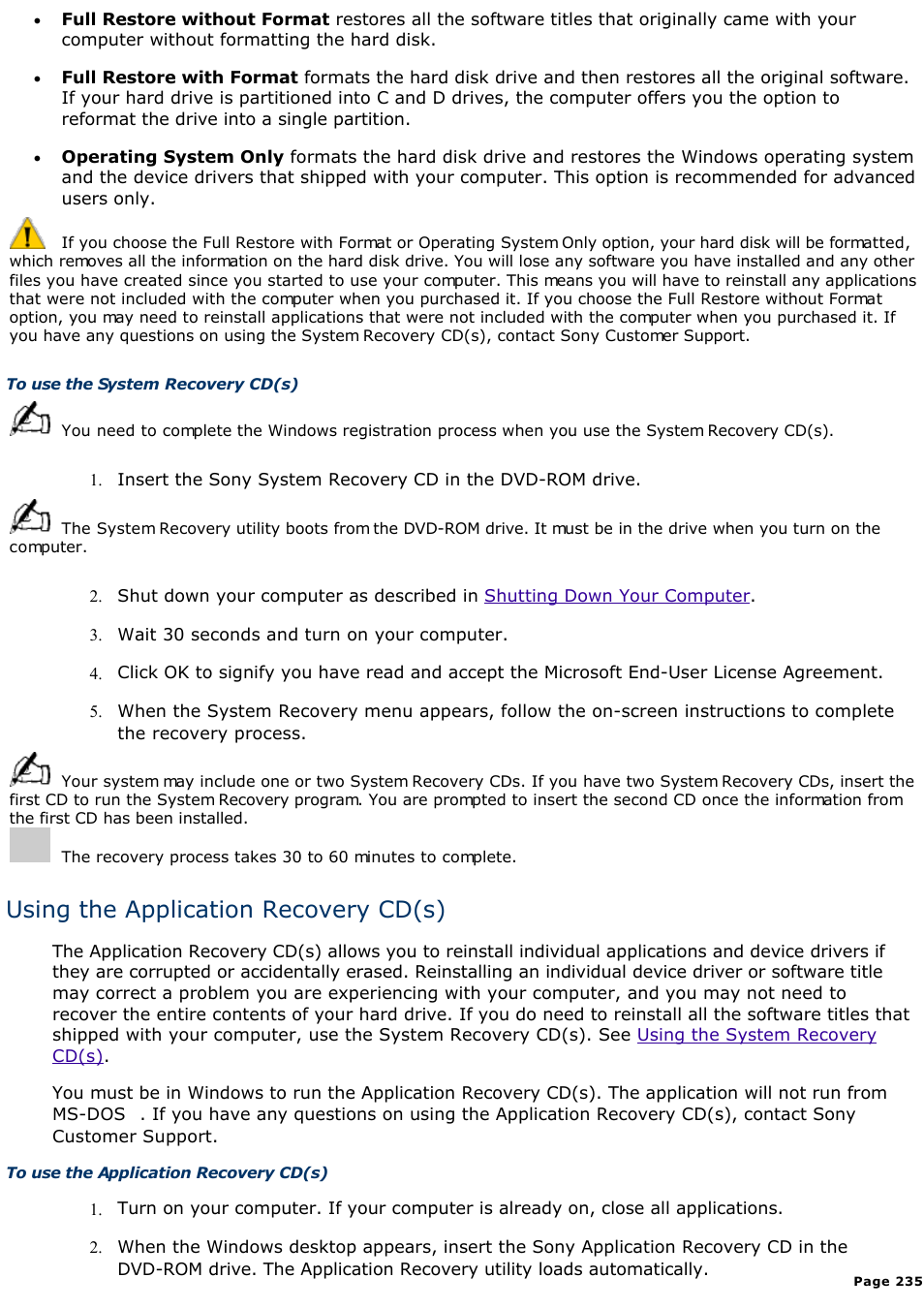 Using the application recovery cd(s) | Sony PCV-R545DS User Manual | Page 235 / 439