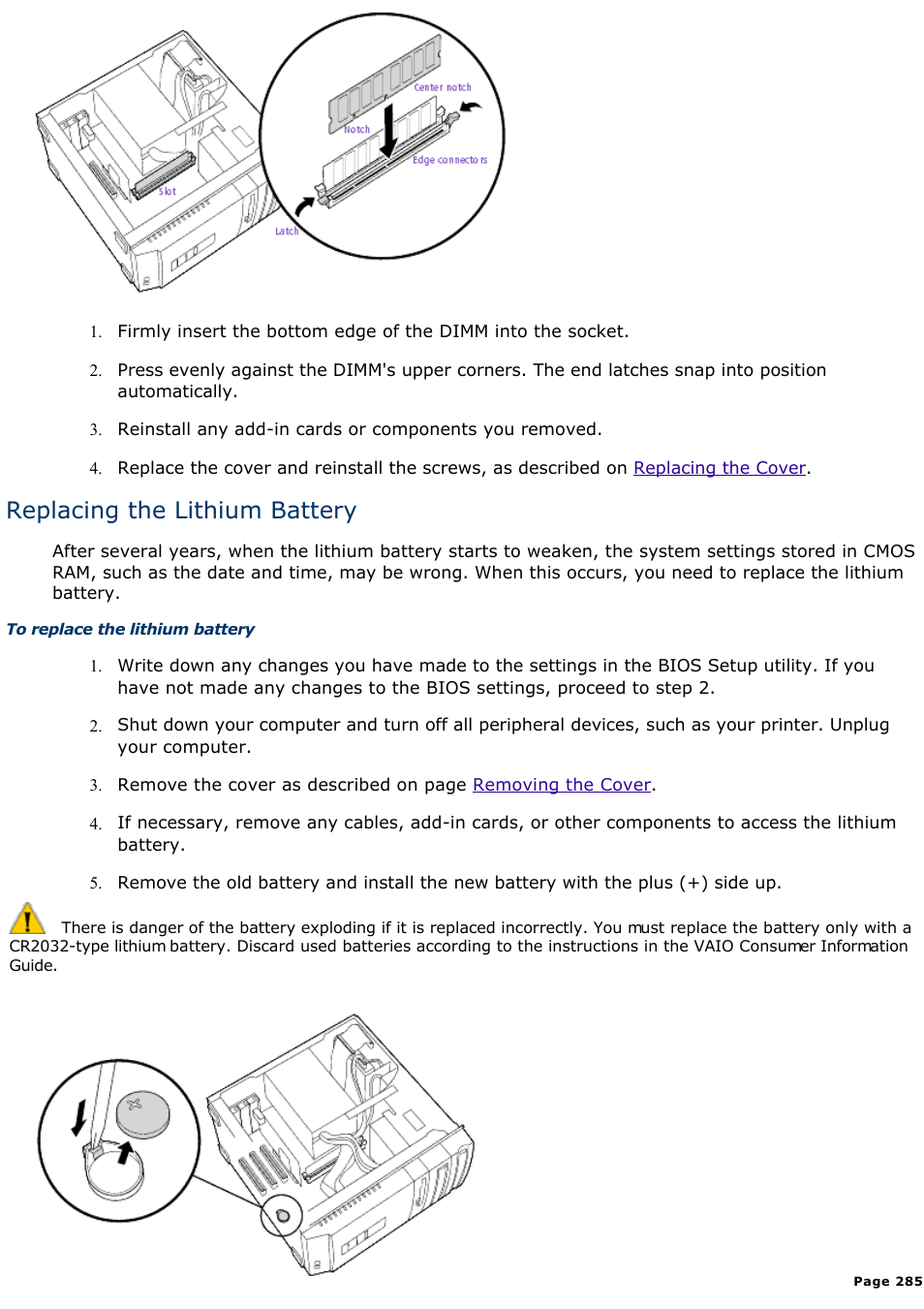 Replacing the lithium battery | Sony PCV-R545DS User Manual | Page 285 / 439