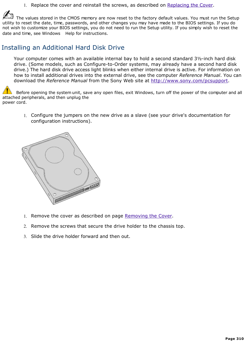 Installing an additional hard disk drive | Sony PCV-R545DS User Manual | Page 310 / 439
