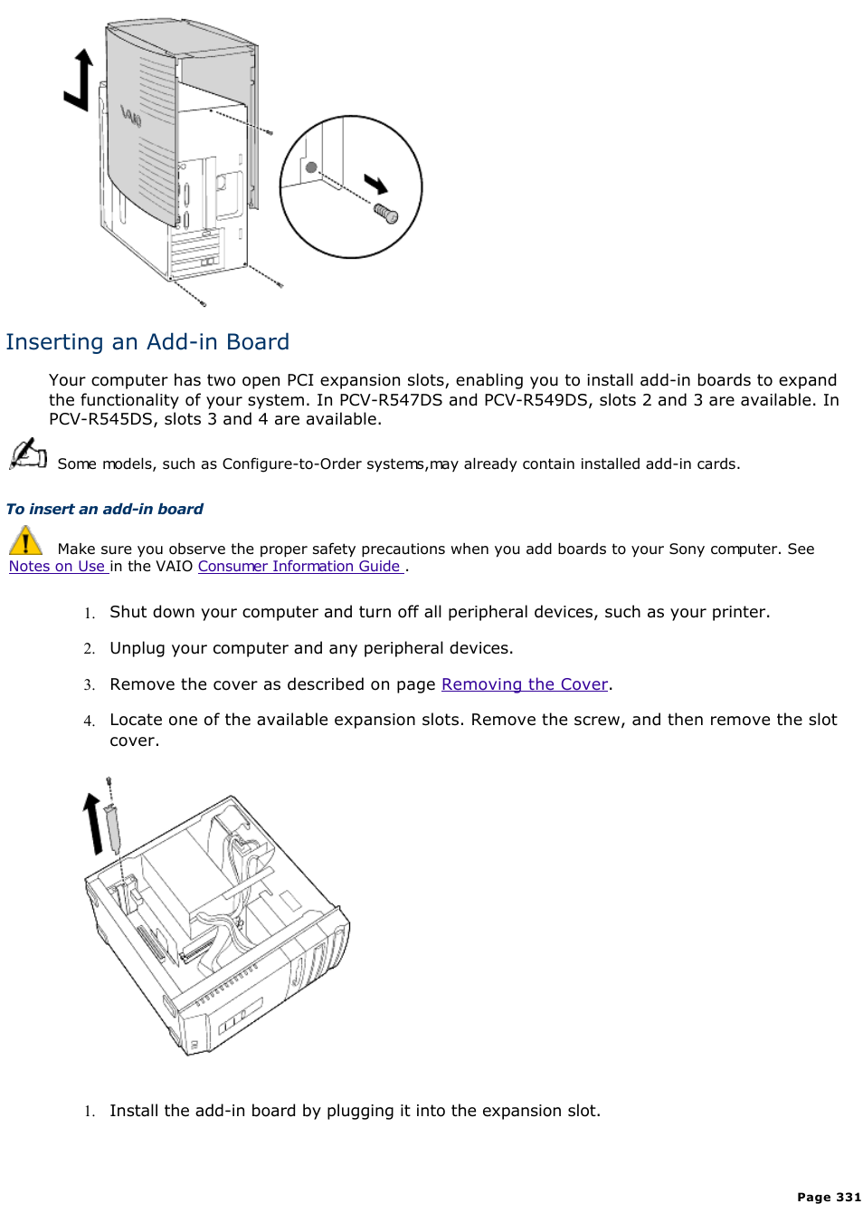 Inserting an add-in board | Sony PCV-R545DS User Manual | Page 331 / 439