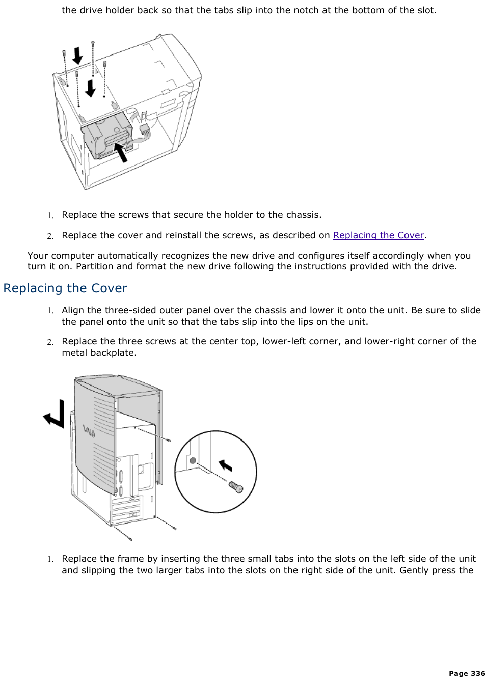 Replacing the cover | Sony PCV-R545DS User Manual | Page 336 / 439