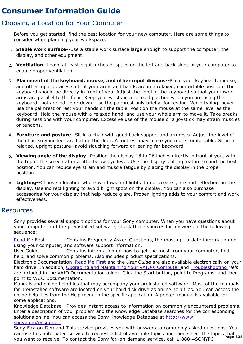 Consumer information guide, Limited warranty statement, In the vaio | For details, Modifying electronic equipment. read, Notes on use, In the, Choosing a location for your computer, Resources | Sony PCV-R545DS User Manual | Page 338 / 439