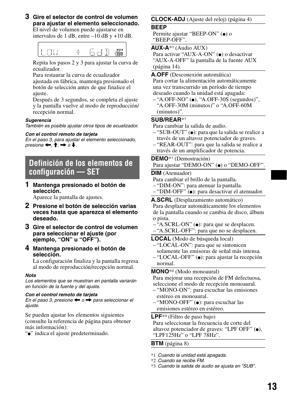 Definición de los elementos de configuración - set, Definición de los elementos de configuración — set | Sony CDX-GT61UI User Manual | Page 33 / 44