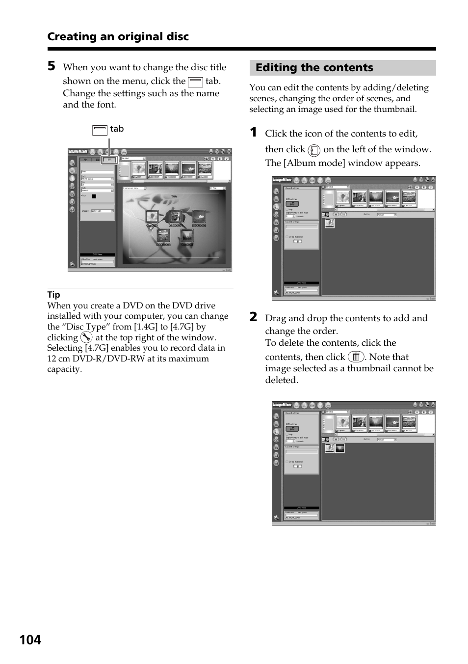 Editing the contents | Sony DCR-DVD301 User Manual | Page 104 / 148