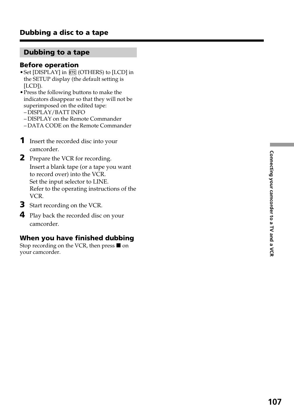 Dubbing to a tape | Sony DCR-DVD301 User Manual | Page 107 / 148