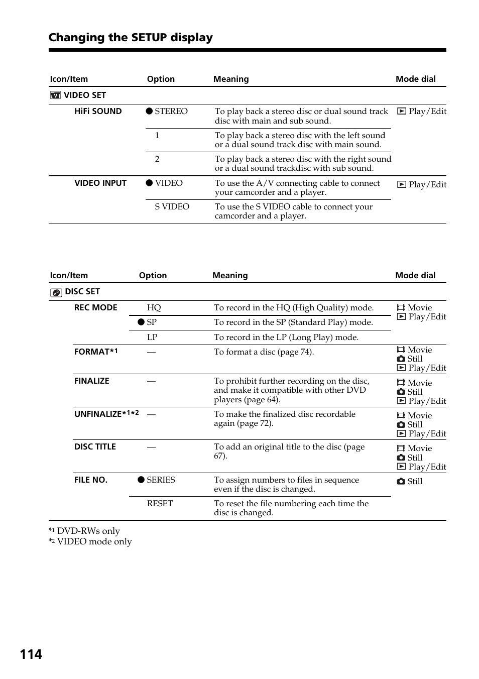Changing the setup display | Sony DCR-DVD301 User Manual | Page 114 / 148