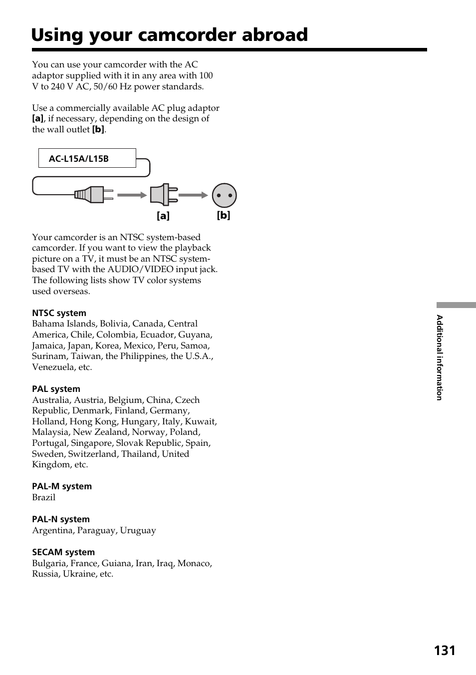 Using your camcorder abroad | Sony DCR-DVD301 User Manual | Page 131 / 148
