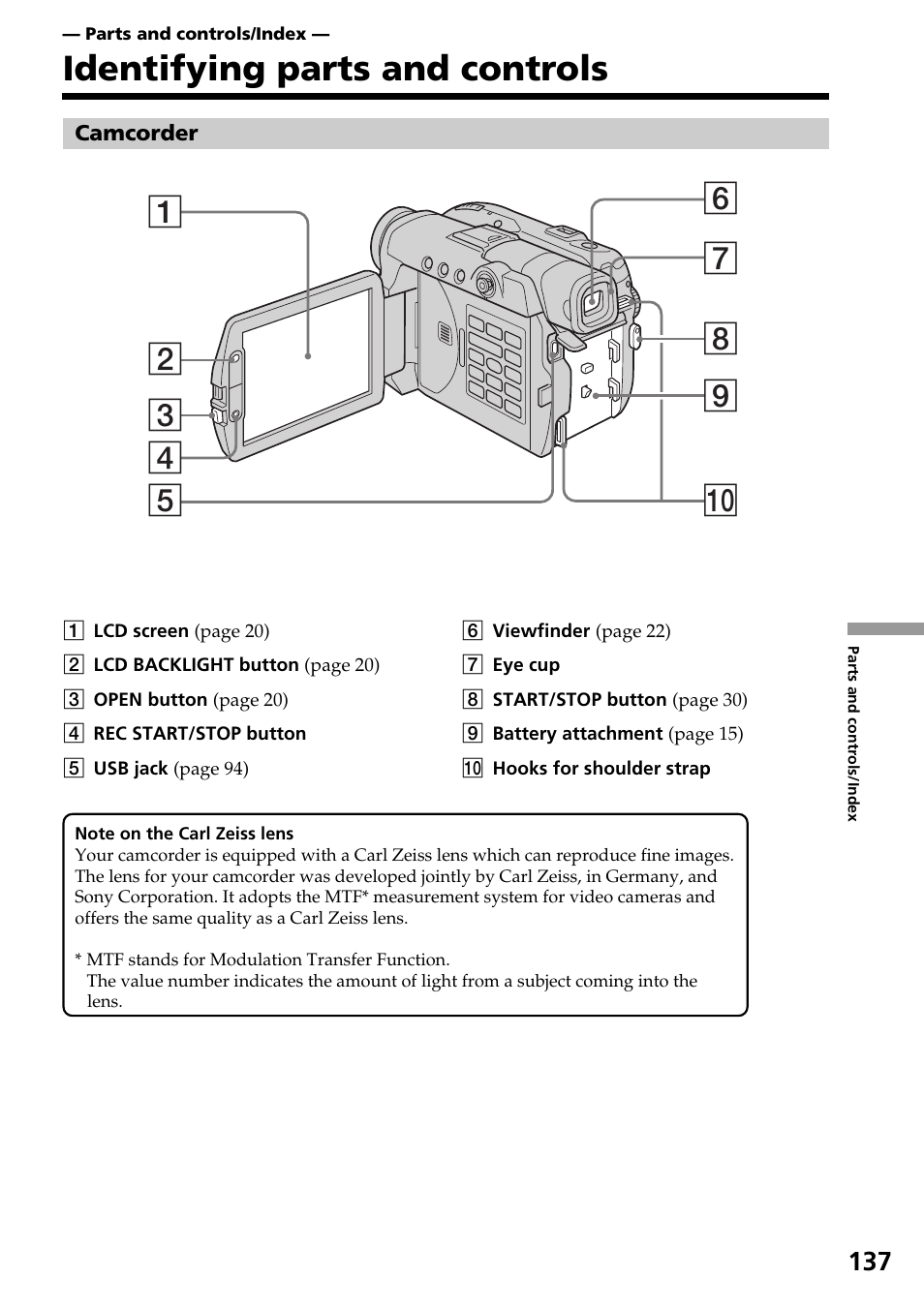 Parts and controls/index, Identifying parts and controls | Sony DCR-DVD301 User Manual | Page 137 / 148