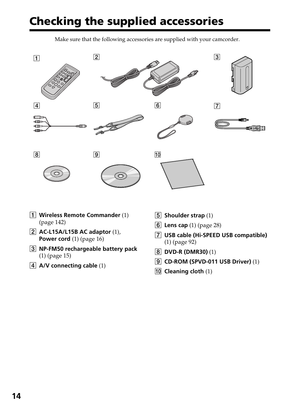 Checking the supplied accessories | Sony DCR-DVD301 User Manual | Page 14 / 148