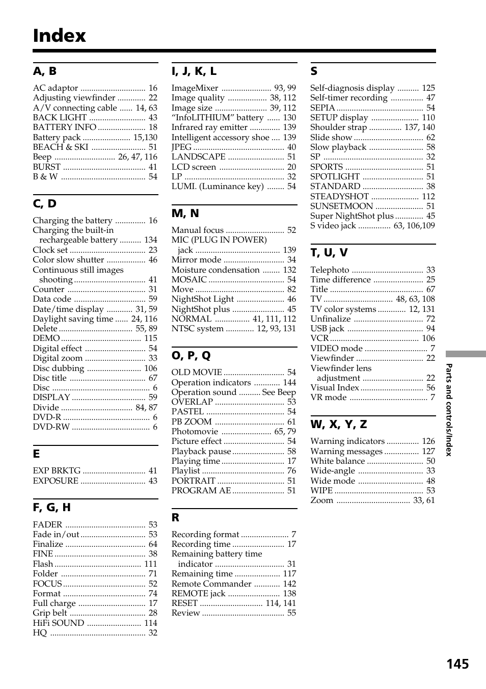 Index | Sony DCR-DVD301 User Manual | Page 145 / 148