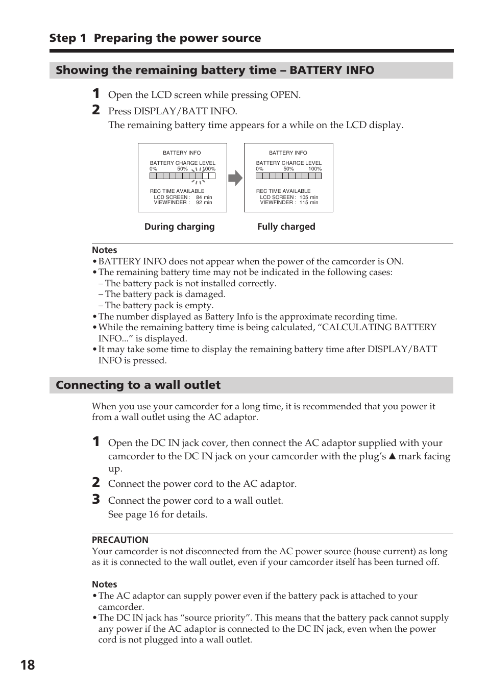 Showing the remaining battery time – battery info, Connecting to a wall outlet, Showing the remaining battery time | Battery info, Step 1 preparing the power source | Sony DCR-DVD301 User Manual | Page 18 / 148