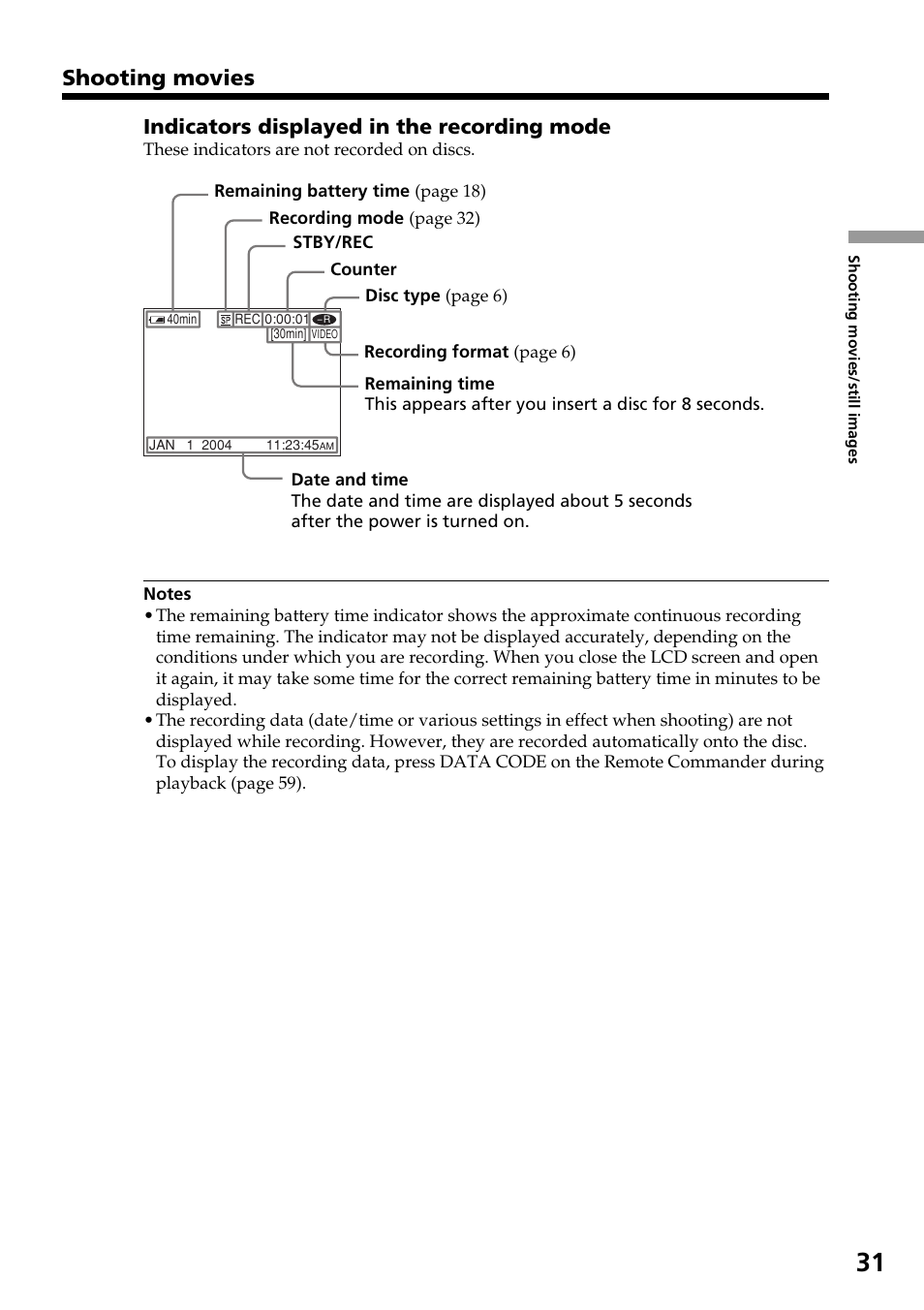 Shooting movies, Indicators displayed in the recording mode | Sony DCR-DVD301 User Manual | Page 31 / 148