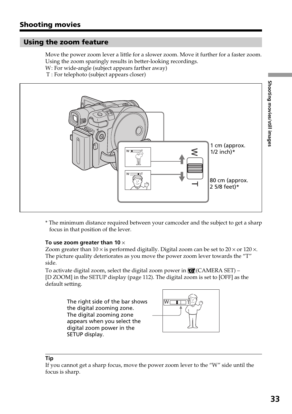 Using the zoom feature, Shooting movies | Sony DCR-DVD301 User Manual | Page 33 / 148