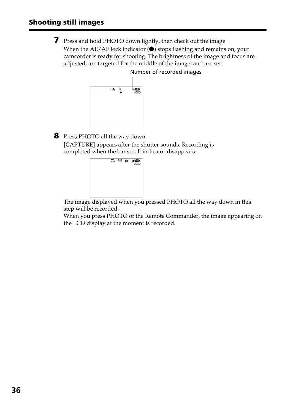 Shooting still images | Sony DCR-DVD301 User Manual | Page 36 / 148