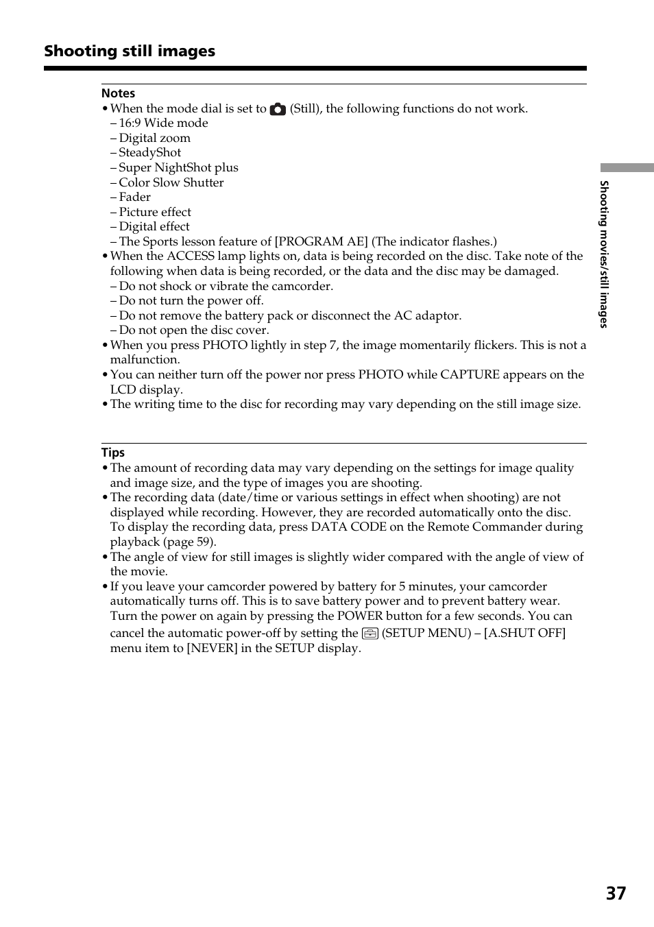Shooting still images | Sony DCR-DVD301 User Manual | Page 37 / 148