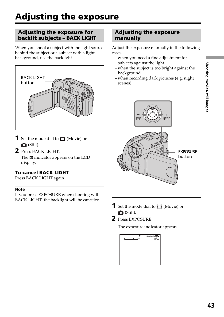 Adjusting the exposure, Adjusting the exposure manually, Adjusting the exposure for backlit | Subjects – back light, Manually | Sony DCR-DVD301 User Manual | Page 43 / 148