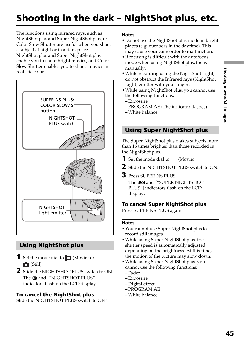 Shooting in the dark – nightshot plus, etc, Using nightshot plus, Using super nightshot plus | Shooting in the dark – nightshot plus, Etc using nightshot plus | Sony DCR-DVD301 User Manual | Page 45 / 148