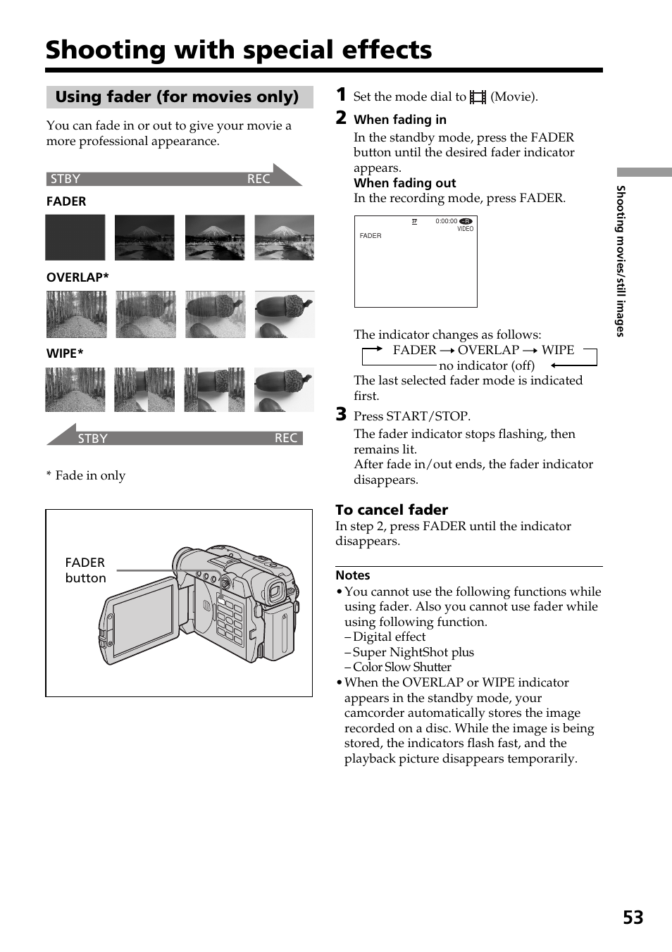 Shooting with special effects, Using fader (for movies only) | Sony DCR-DVD301 User Manual | Page 53 / 148