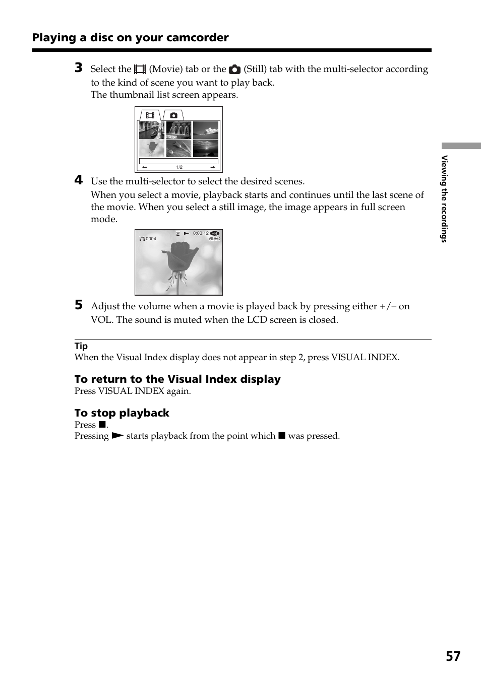 Playing a disc on your camcorder | Sony DCR-DVD301 User Manual | Page 57 / 148
