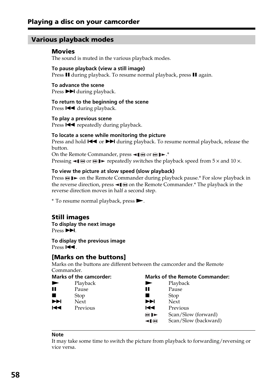 Various playback modes, Playing a disc on your camcorder | Sony DCR-DVD301 User Manual | Page 58 / 148