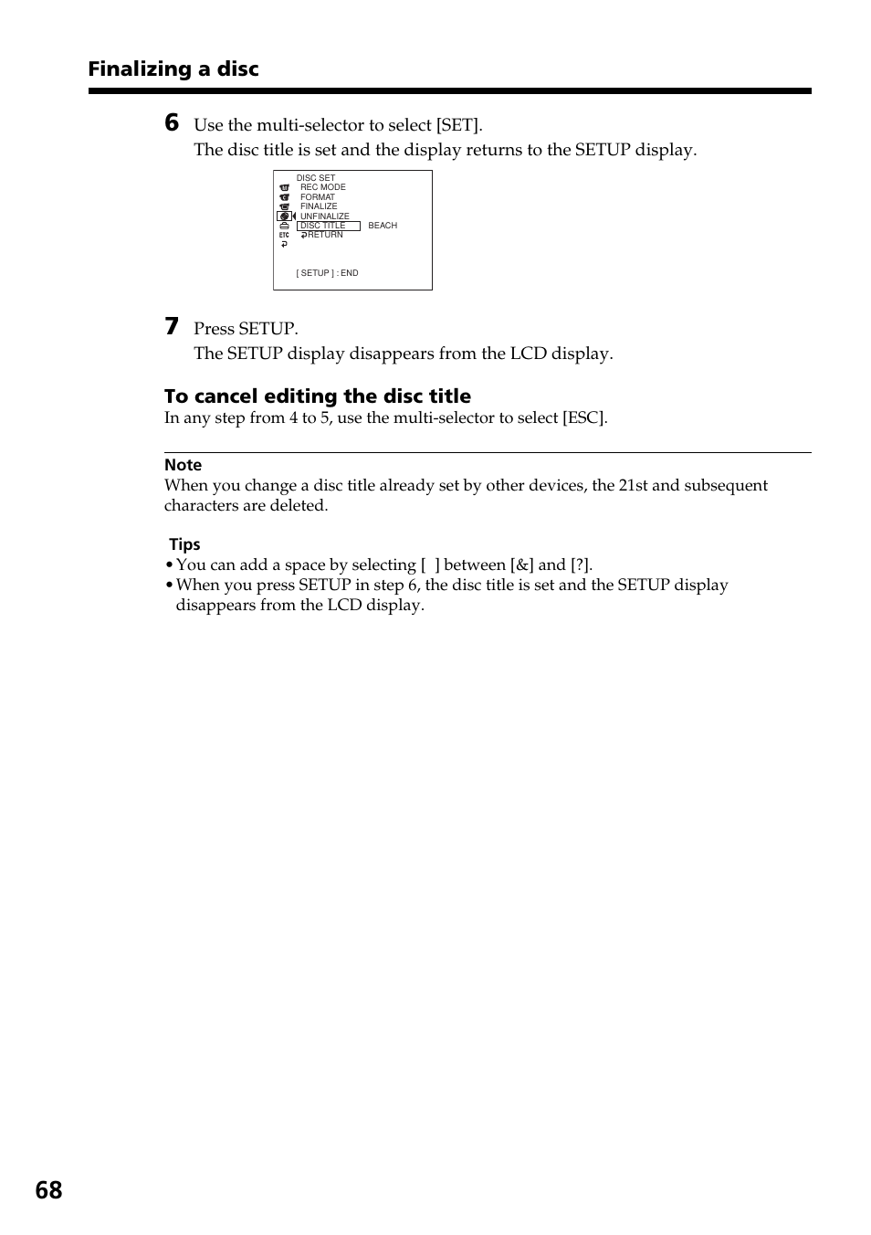 Finalizing a disc | Sony DCR-DVD301 User Manual | Page 68 / 148