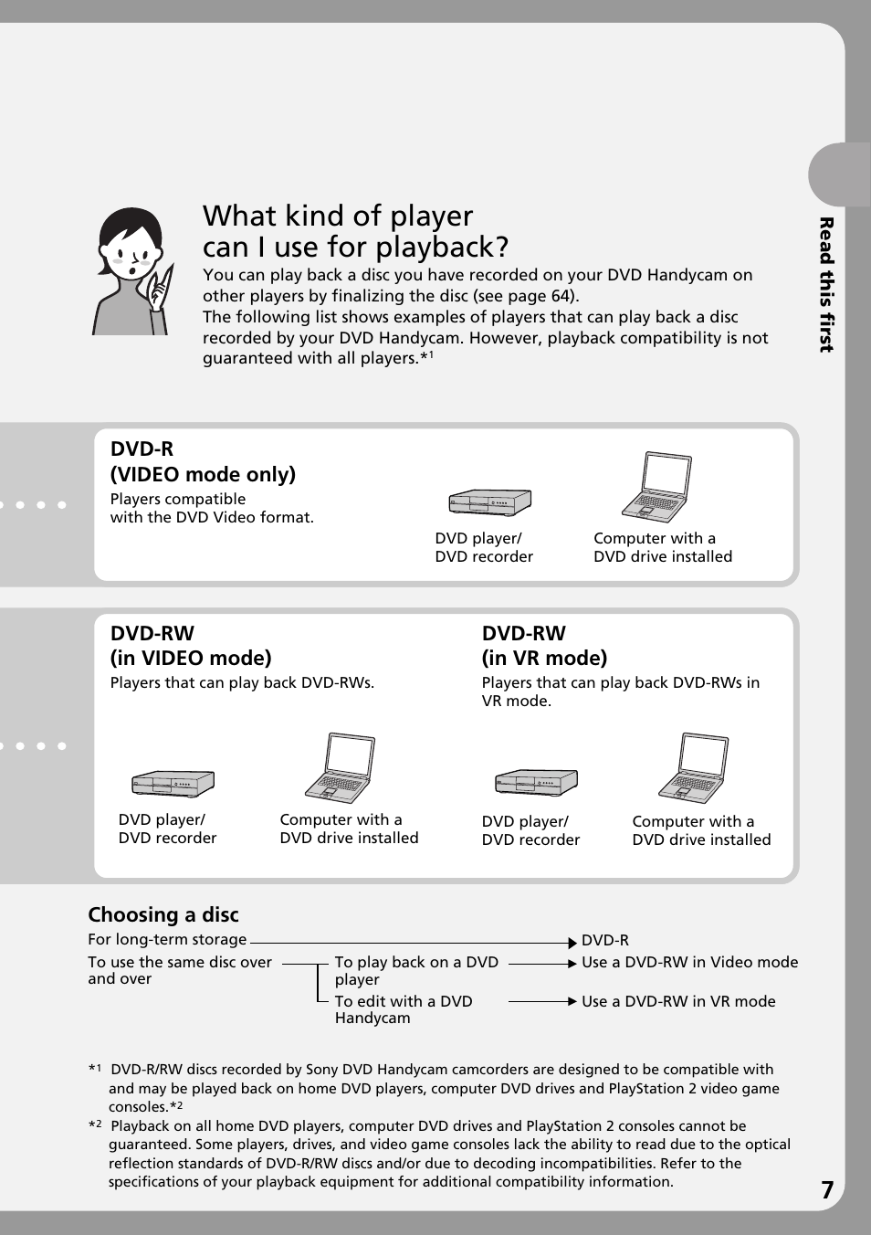 What kind of player can i use for playback, Dvd-rw (in vr mode), Dvd-rw (in video mode) | Dvd-r (video mode only), Choosing a disc | Sony DCR-DVD301 User Manual | Page 7 / 148