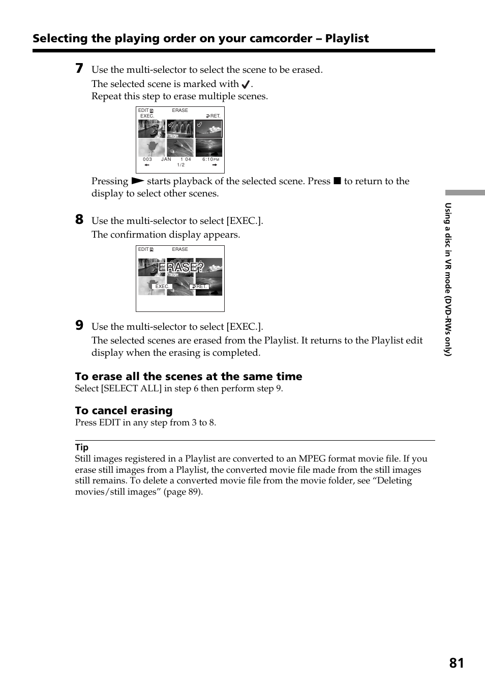 Erase | Sony DCR-DVD301 User Manual | Page 81 / 148