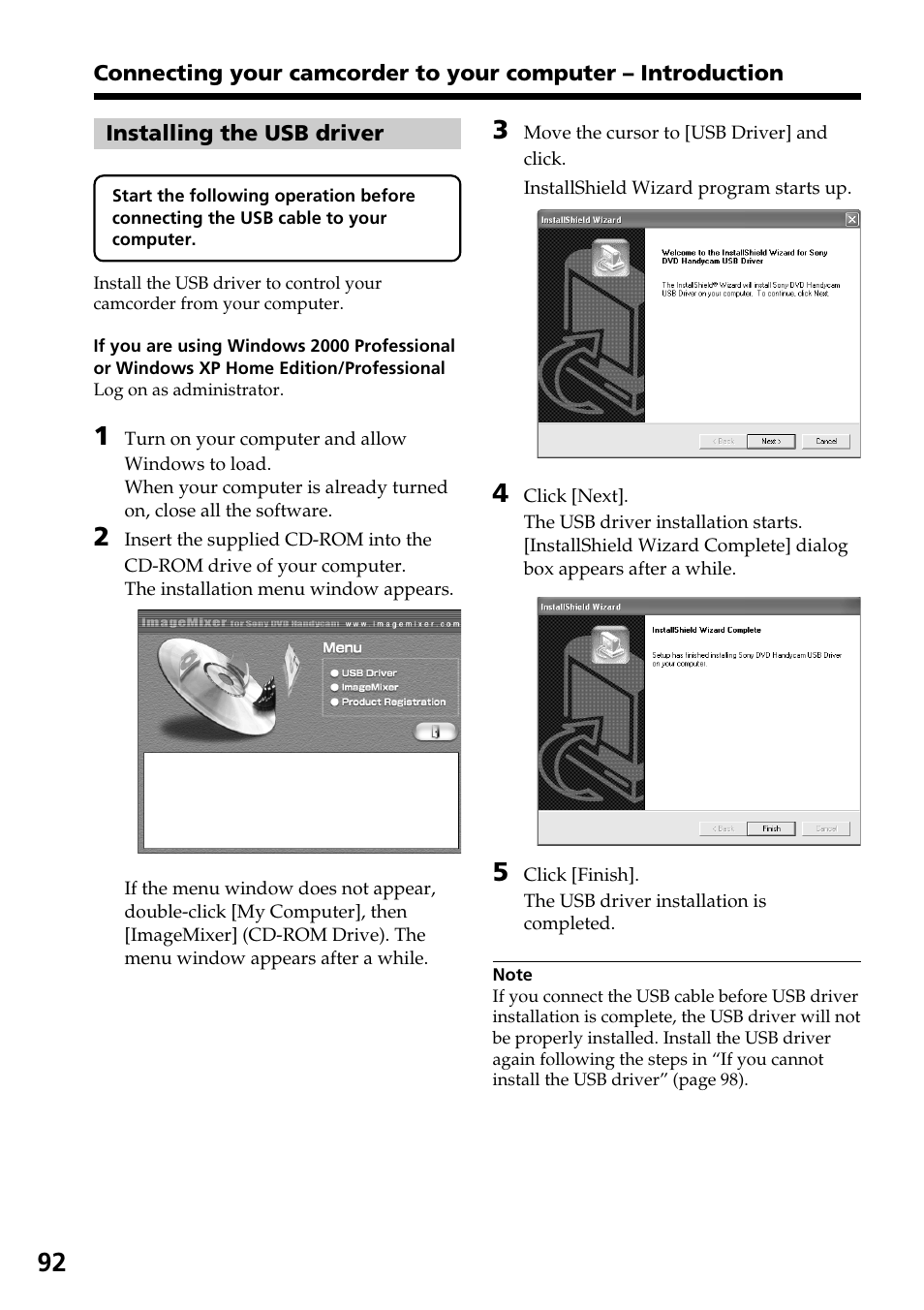 Installing the usb driver | Sony DCR-DVD301 User Manual | Page 92 / 148