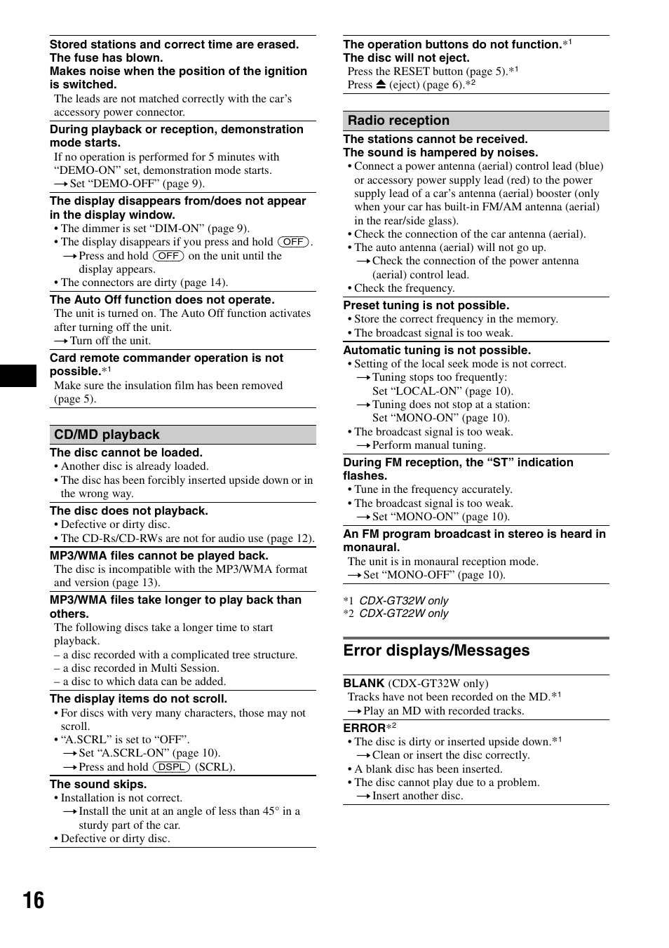 Error displays/messages | Sony CDX-GT22W User Manual | Page 16 / 36