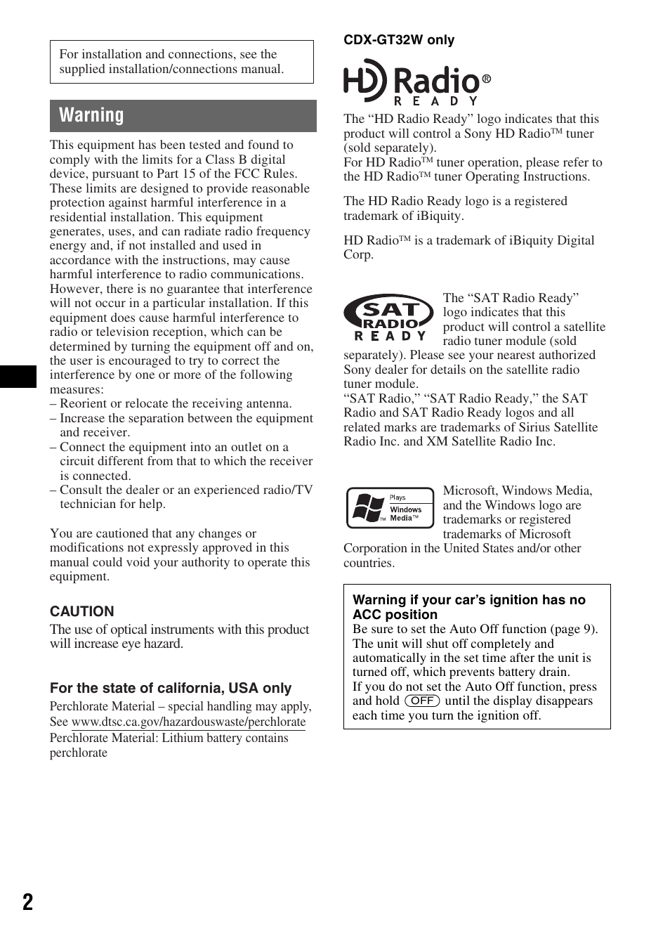 Warning | Sony CDX-GT22W User Manual | Page 2 / 36