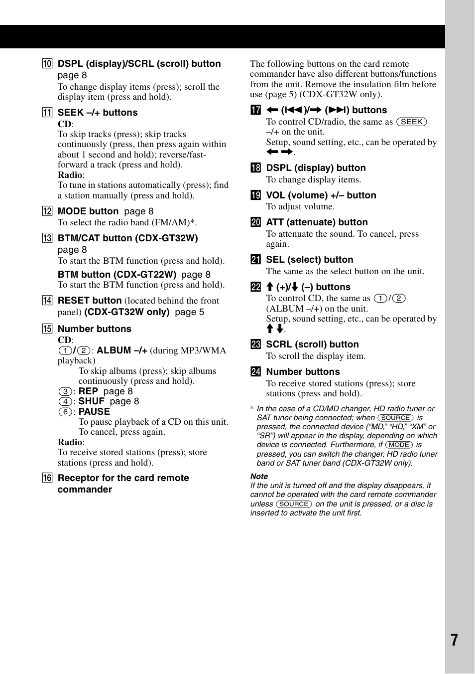 Sony CDX-GT22W User Manual | Page 7 / 36