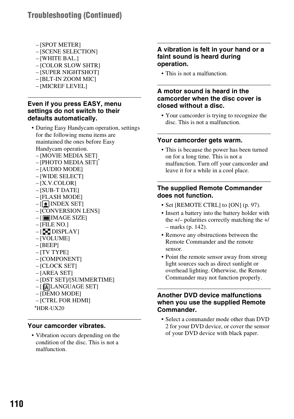 Troubleshooting (continued) | Sony HDR-UX10 User Manual | Page 110 / 172