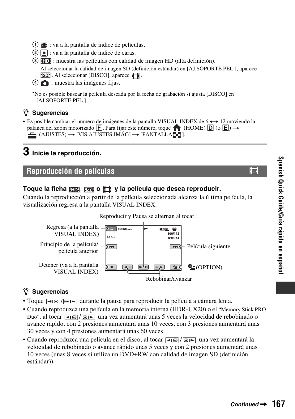 Reproducción de películas | Sony HDR-UX10 User Manual | Page 167 / 172