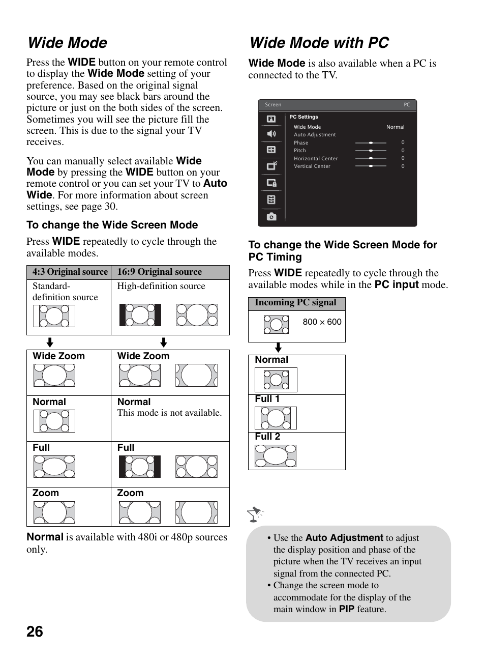 Wide mode, Wide mode with pc, 26 wide mode | Sony KDL-32LL150 User Manual | Page 26 / 48