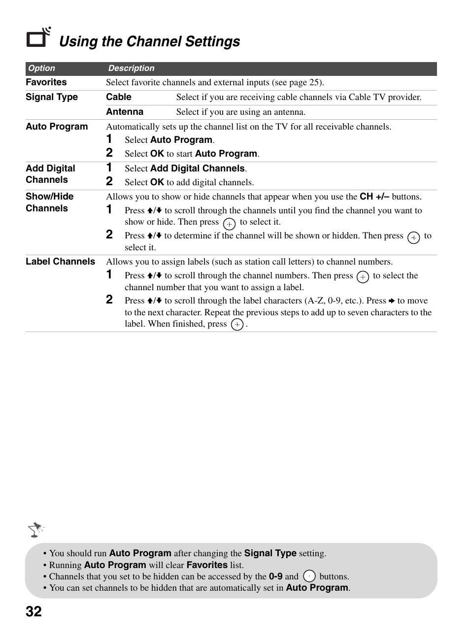 Using the channel settings, 32 using the channel settings | Sony KDL-32LL150 User Manual | Page 32 / 48