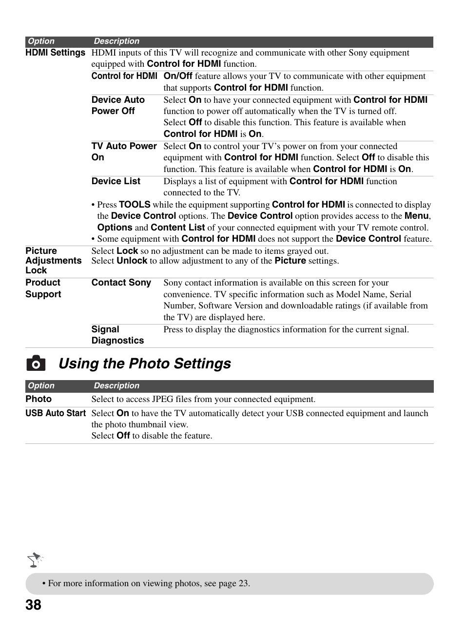 Using the photo settings, 38 using the photo settings | Sony KDL-32LL150 User Manual | Page 38 / 48