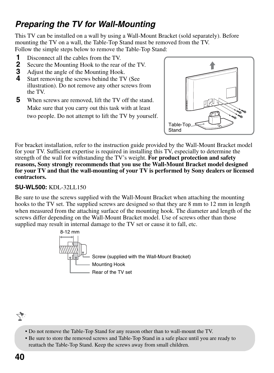 Preparing the tv for wall-mounting, 40 preparing the tv for wall-mounting | Sony KDL-32LL150 User Manual | Page 40 / 48