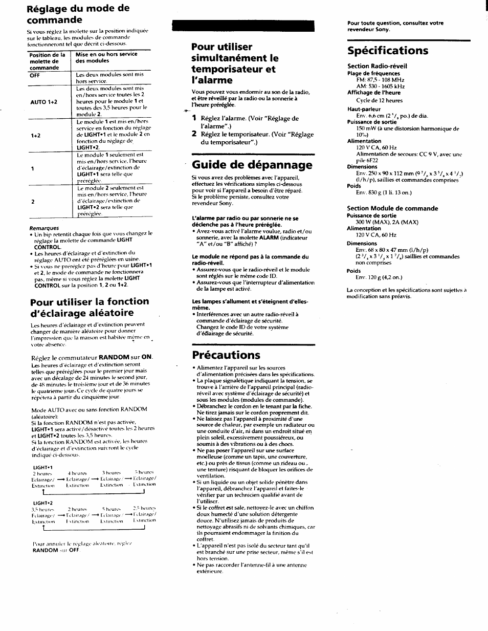 Réglage du mode de commande, Pour utiliser la fonction d'éclairage aléatoire, Section radio-réveil | Section module de commande, Guide de dépannage, Précautions, Spécifications | Sony ICF-C900HS User Manual | Page 10 / 13