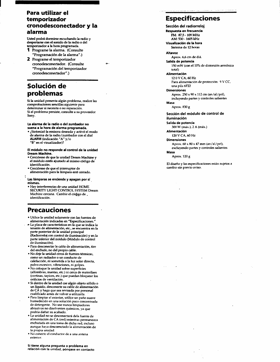 Sección del módulo de control de, Solución de problemas, Especificaciones | Precauciones | Sony ICF-C900HS User Manual | Page 13 / 13