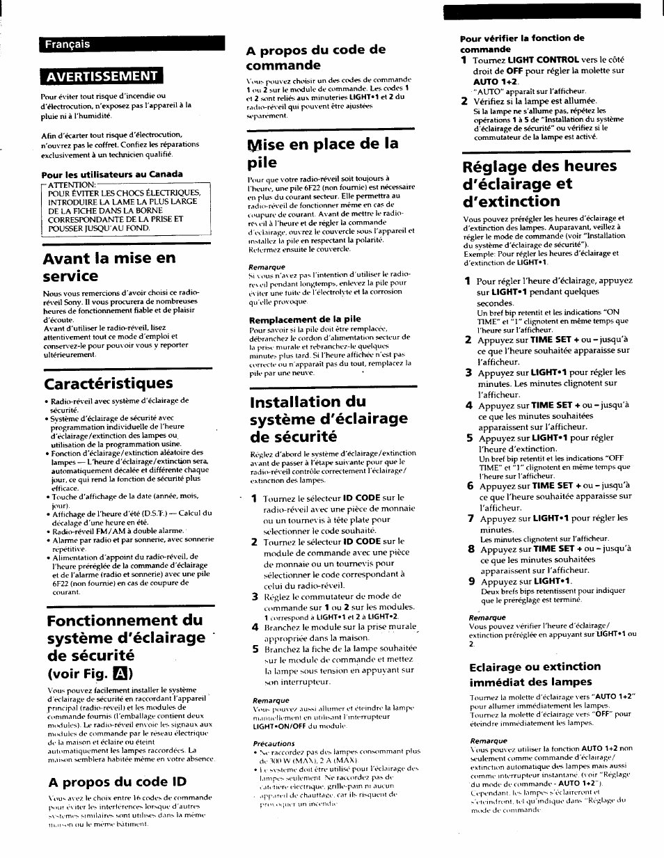 Avertissement, A propos du code id, A propos du code de commande | Eclairage ou extinction immédiat des lampes, Avant la mise en service, Caractéristiques, Fonctionnement du système d'éclairage de sécurité, Lyiise en place de la pile, Installation du système d'éclairage de sécurité, Réglage des heures d'éclairage et d'extinction | Sony ICF-C900HS User Manual | Page 9 / 13