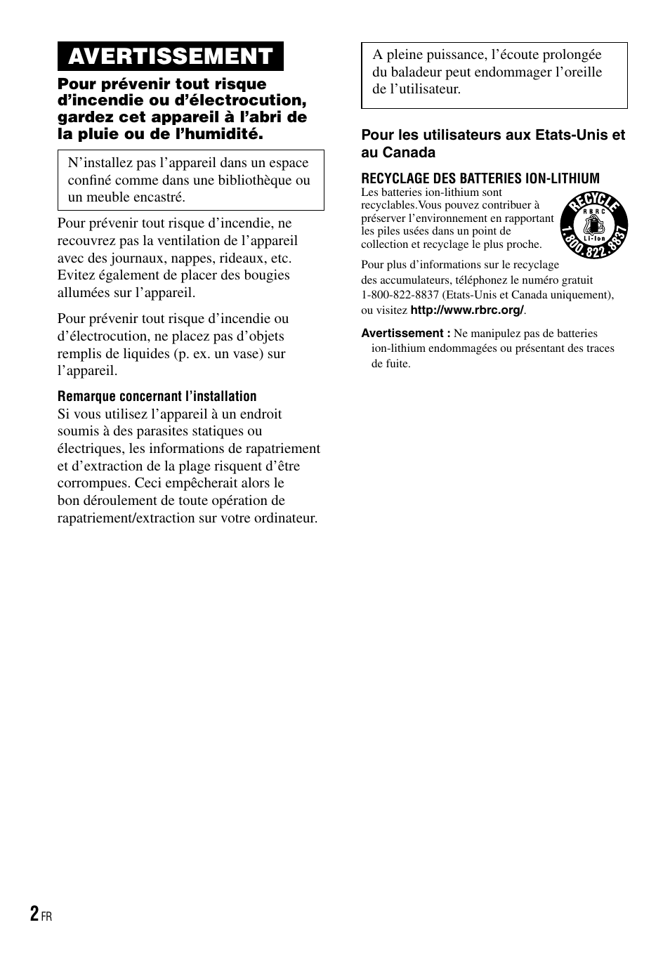 Avertissement | Sony NW-HD3 User Manual | Page 110 / 358